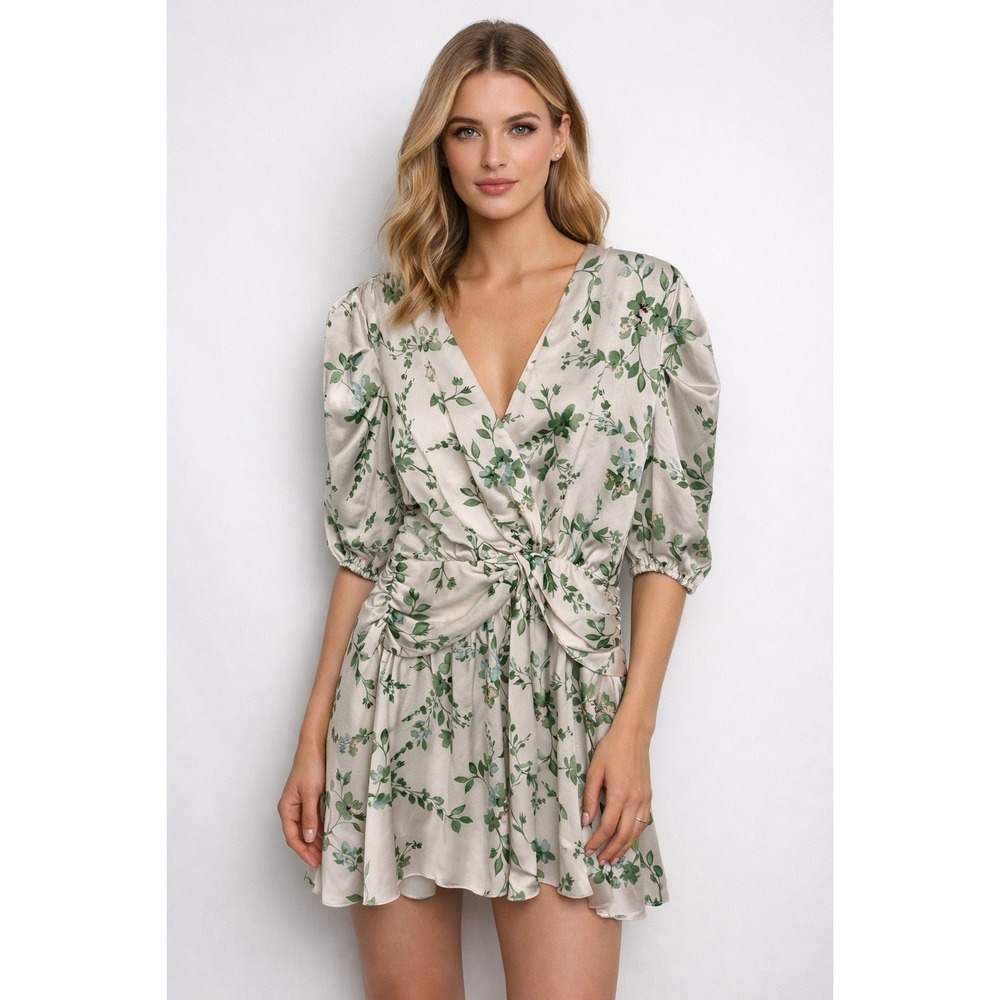 MISA Los Angeles Floral Print Wrap‎ Twist Ruched Mini Dress Size M